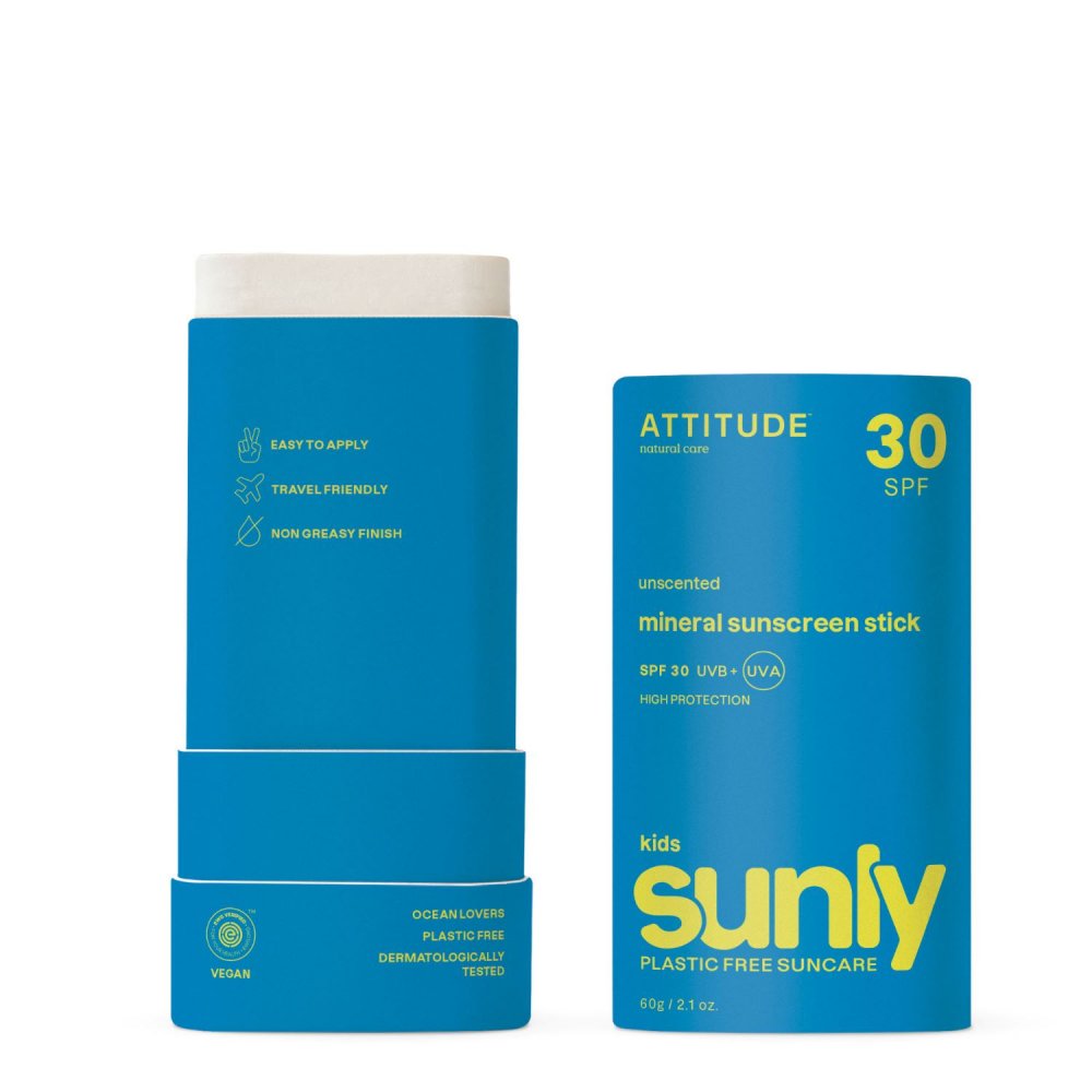 Detská 100% minerálna ochranná tyčinka na celé telo ATTITUDE (SPF 30) bez vône 60g