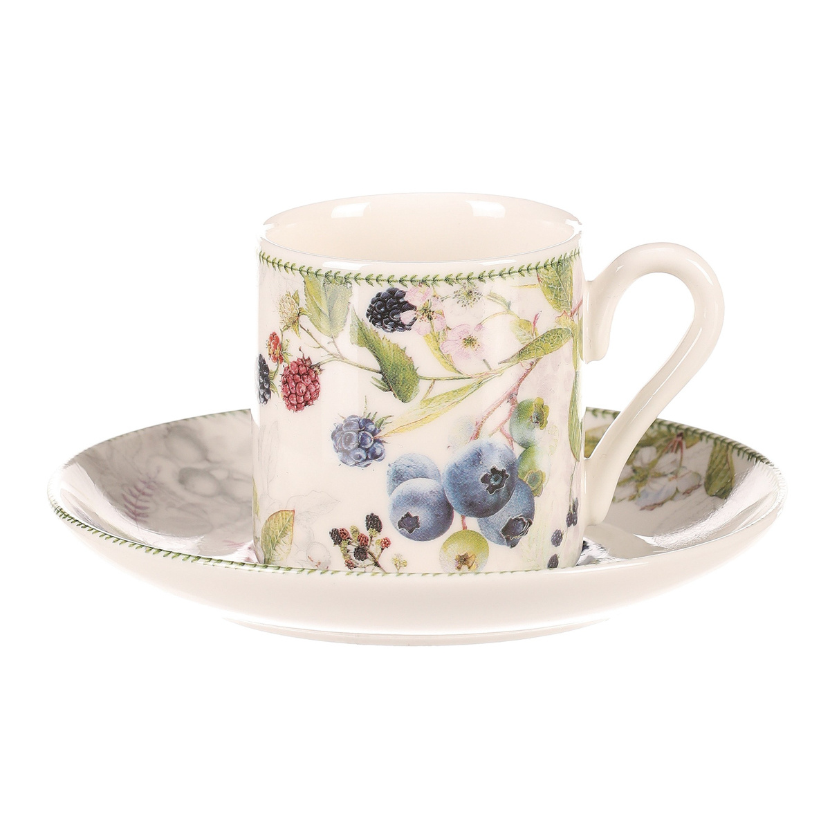 Súprava porcelánových hrnčekov s podšálkami Lesné plody