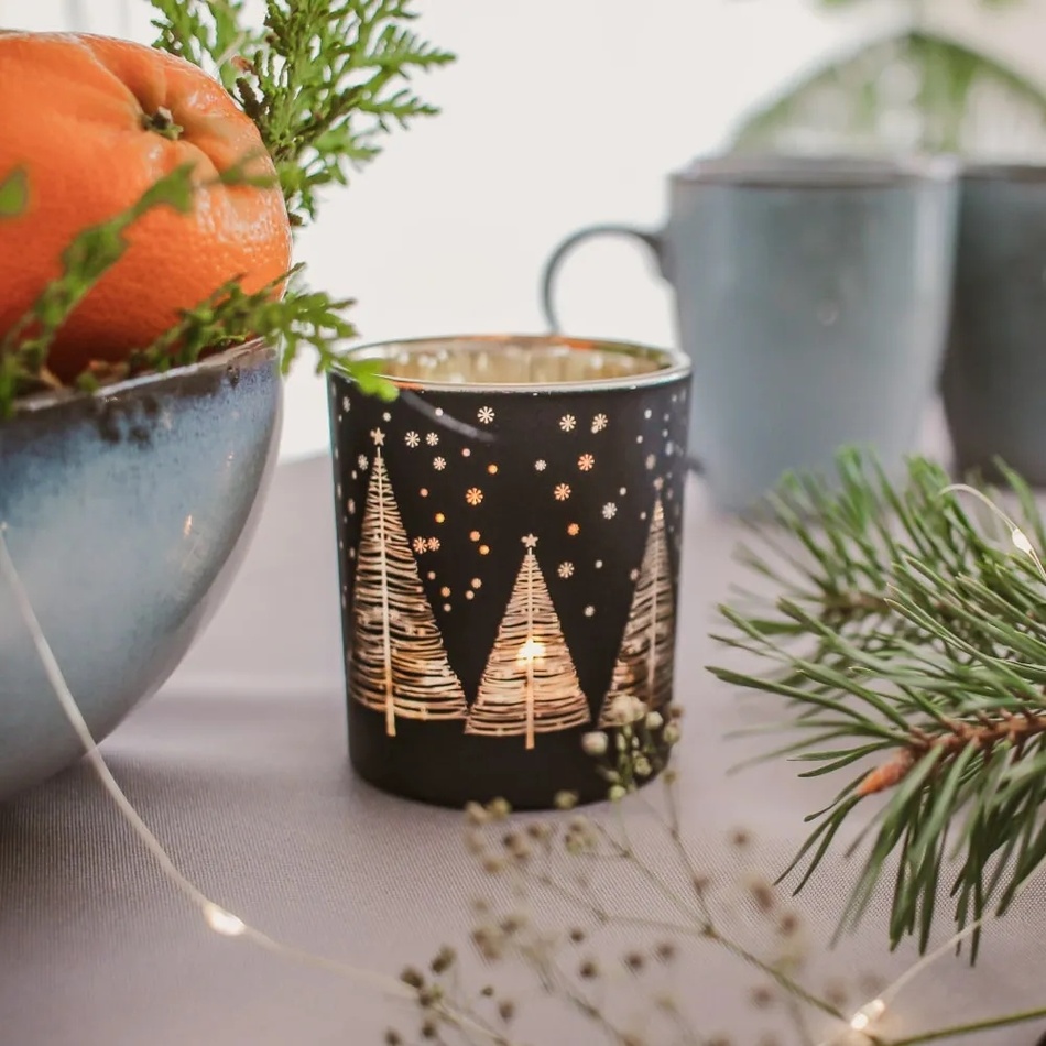 Altom Sklenený svietnik Golden Christmas tree čierna