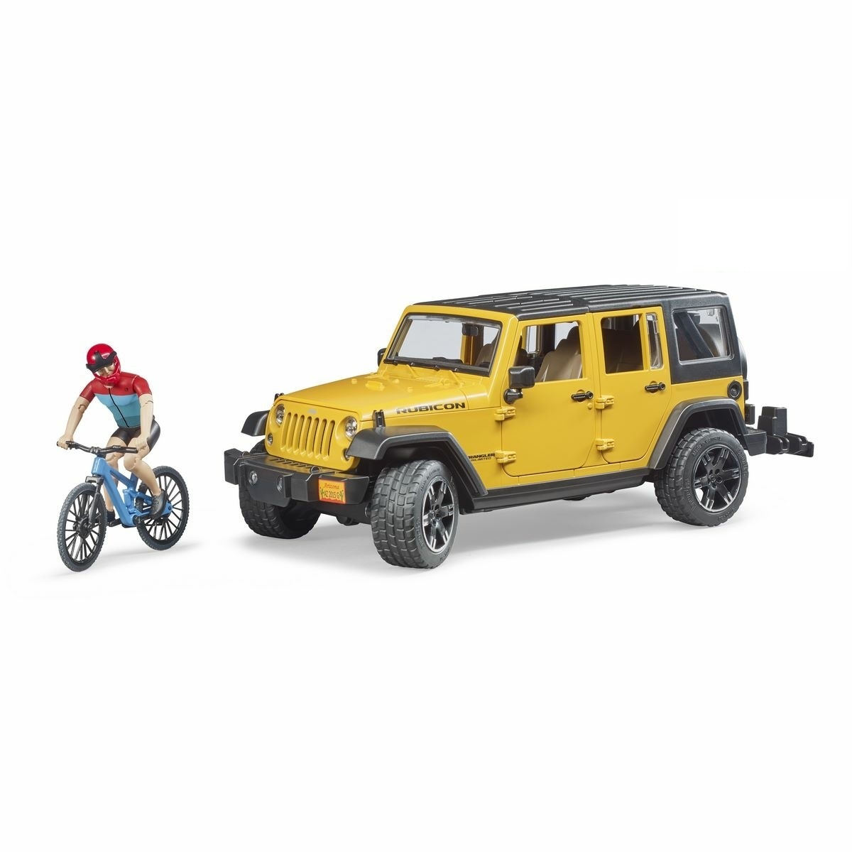 Bruder 2543 jeep Wrangler Rubicon Unlimited s horským bicyklom a cyklistom