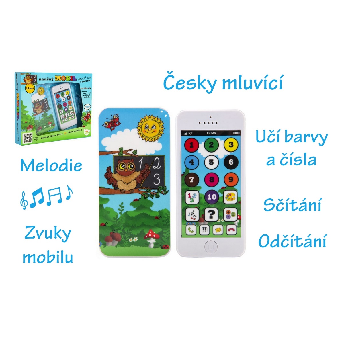 Náučný mobilný telefón múdrej sovy s krytom
