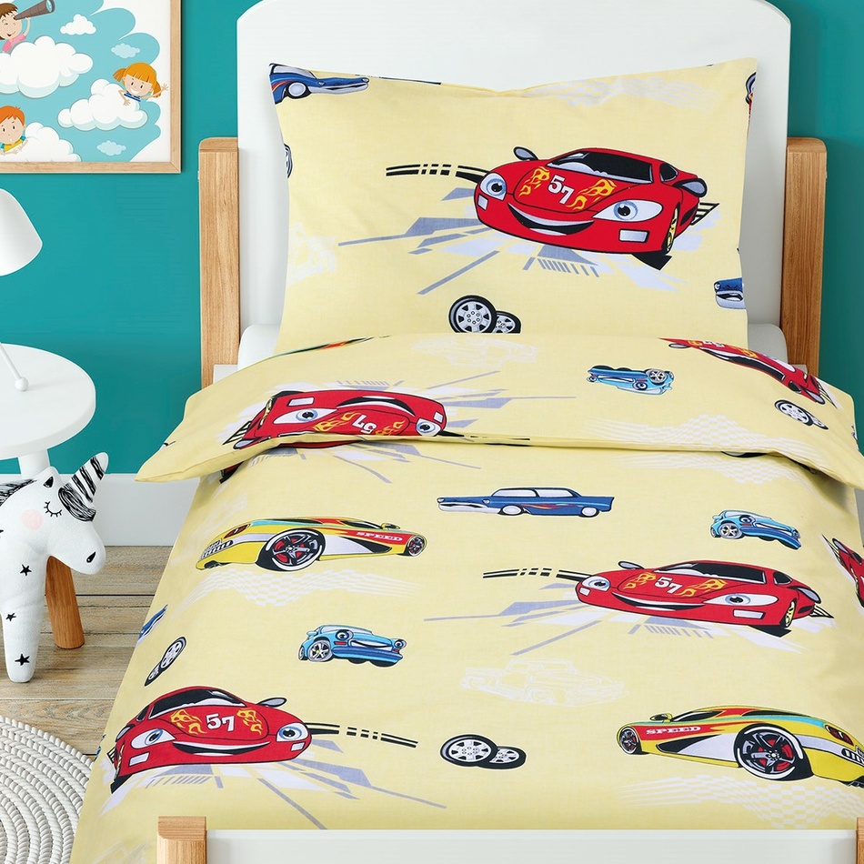 Bellatex Detské bavlnené obliečky do postieľky Beáta Pretekárske autá žltá Bellatex Detské bavlnené obliečky do postieľky Beáta Pretekárske autá žltá