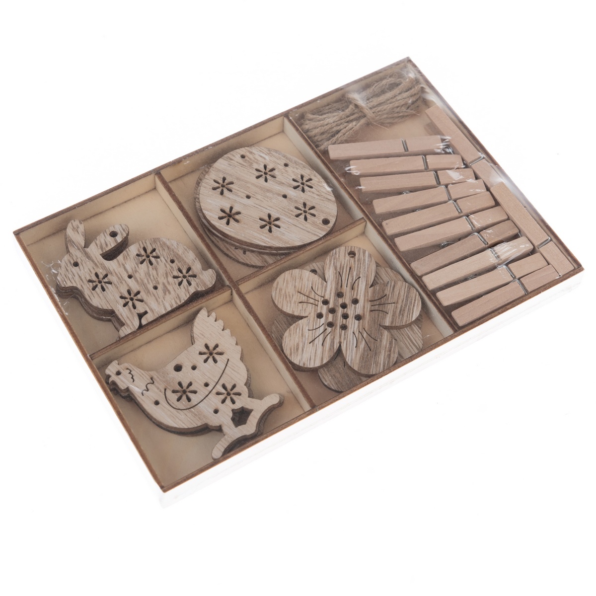 Drevené veľkonočné ozdoby s povrázkom a štipcami