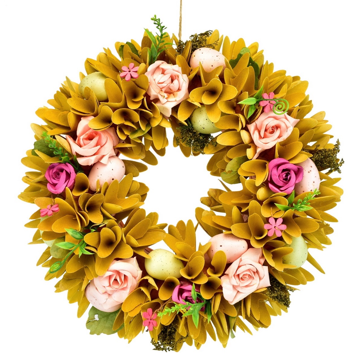 Jarný veniec z drevených hobliniek s kvetmi ružičiek Jarný veniec z drevených hobliniek s kvetmi ružičiek