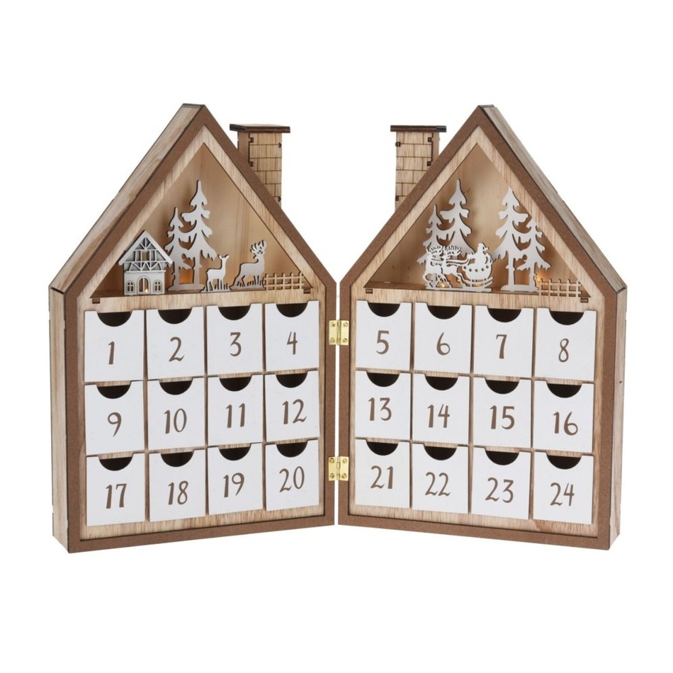 LED Drevený adventný kalendár Vianočný dom