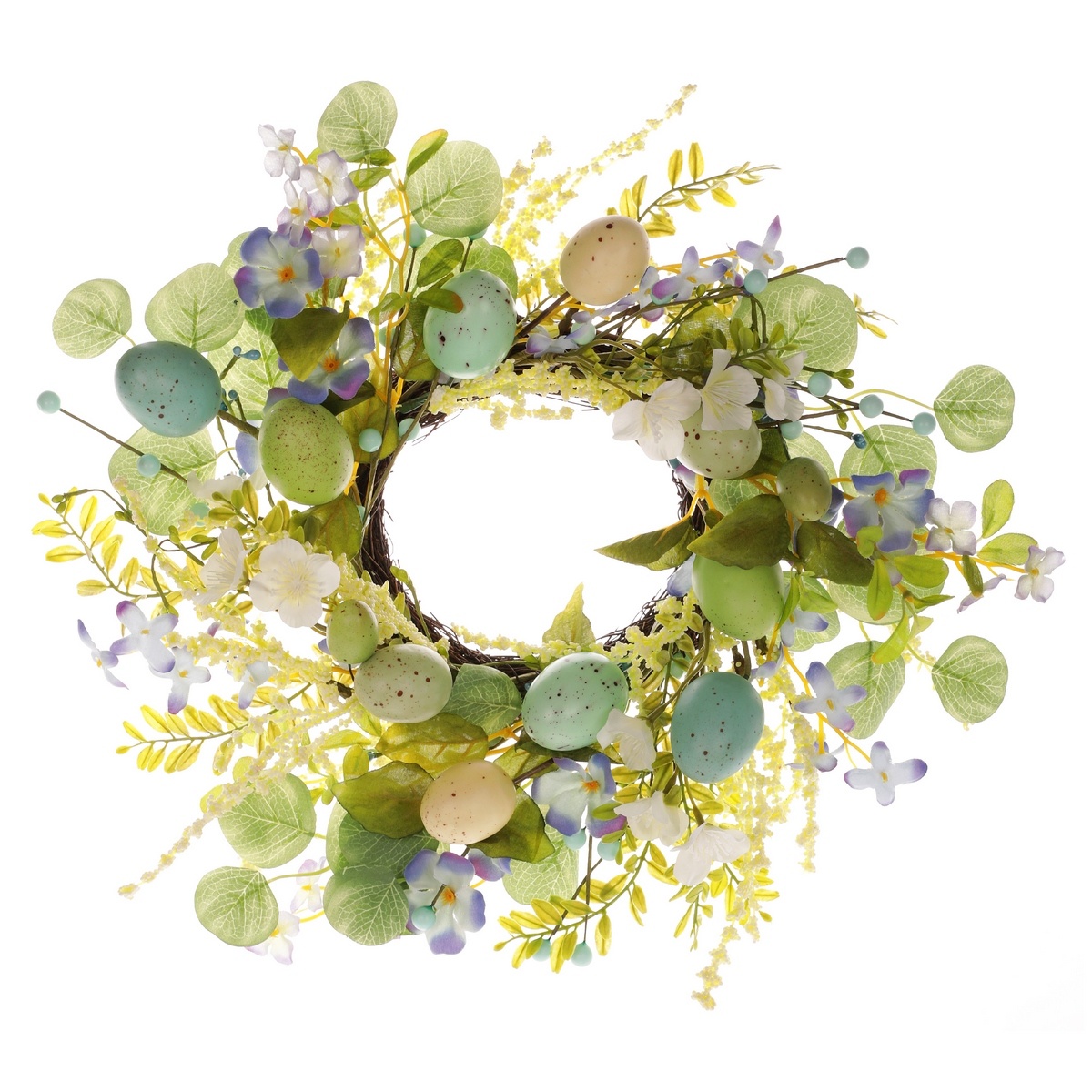 Veľkonočný veniec s kvetmi a vajíčkami zelená
