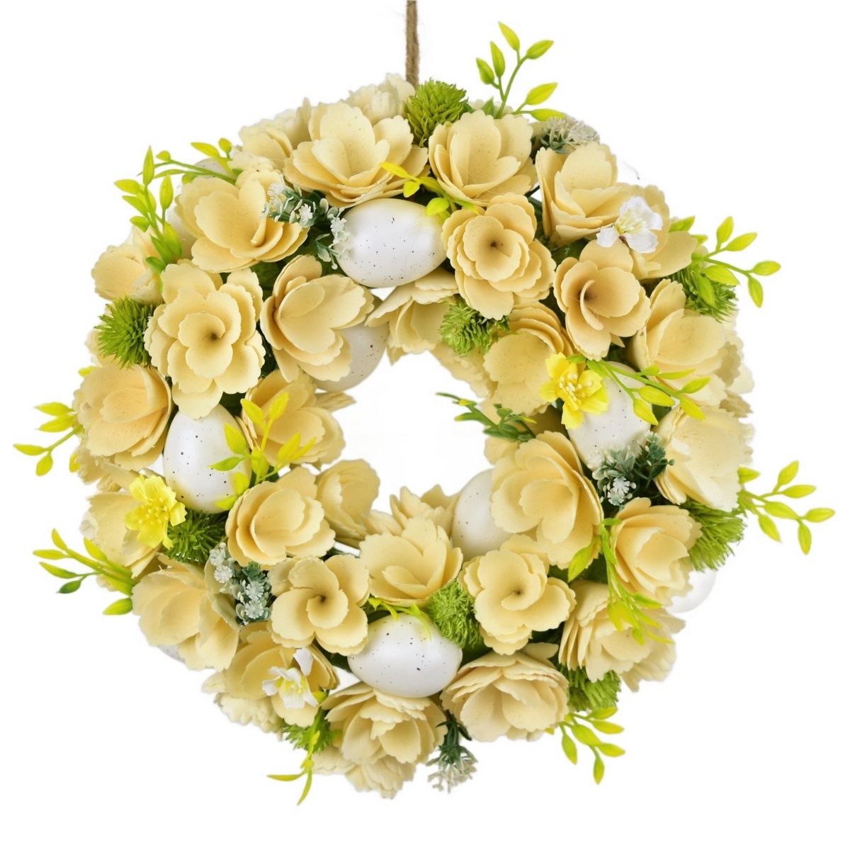Veľkonočný veniec z drevených kvetov s vajíčkami