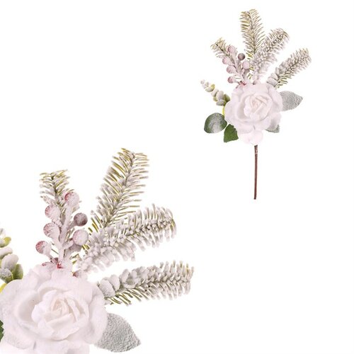 Zasnežená umelá vetvička s ružou Zasnežená umelá vetvička s ružou