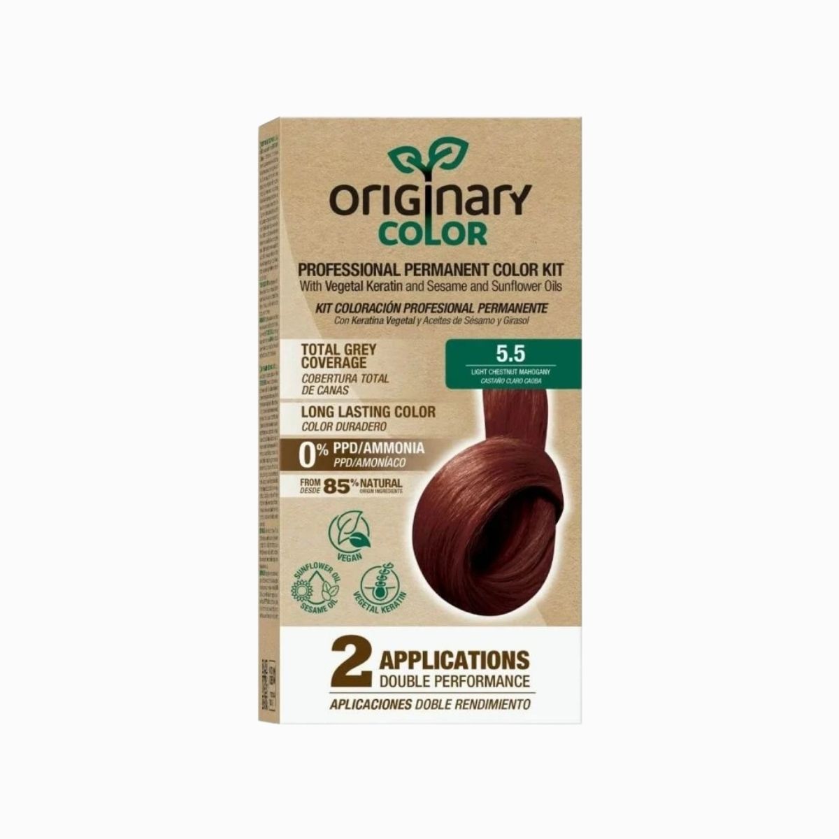 Profesionálna sada na farbenie vlasov s keratínom a rastlinnými olejmi - RÔZNE ODTIENE - Originary Color Farba: Svetlý gaštan-mahagón 5.5