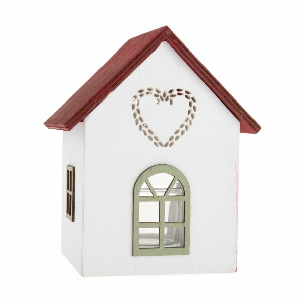 Drevený svietnik so skleneným domčekom so srdcom