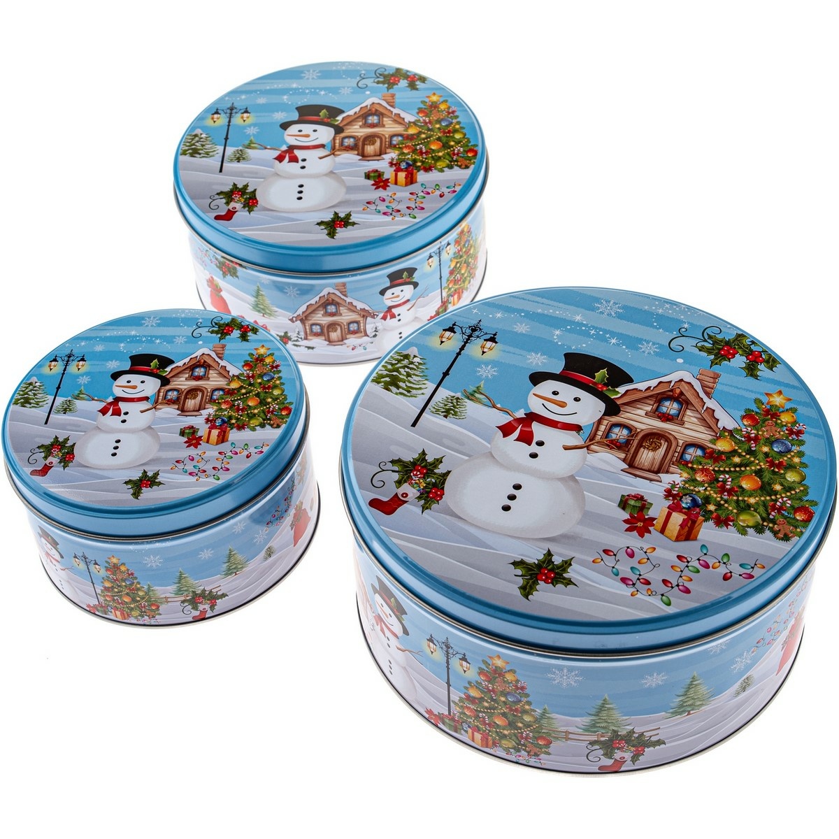 Súprava 3 okrúhlych plechových dóz Snehuliak