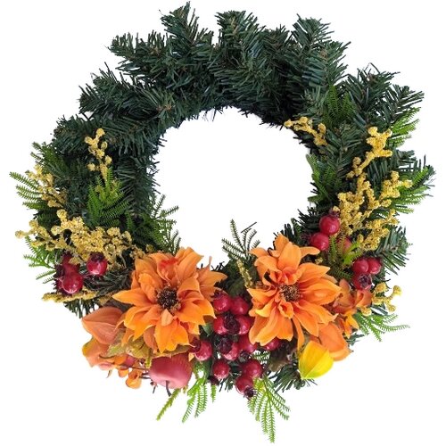 Umelý čečinový veniec Georgíny a šípky